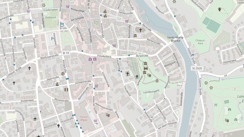 Stadtplan der Kemptener Innenstadt mit der Iller; die Markierung in der Mitte zeigt den Seminarort Freudental 14